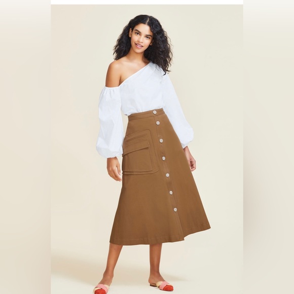 NWT Pearl by Lela Rose Stretch Cotton Button Front Skirt in Camel - Picture 5 of 15